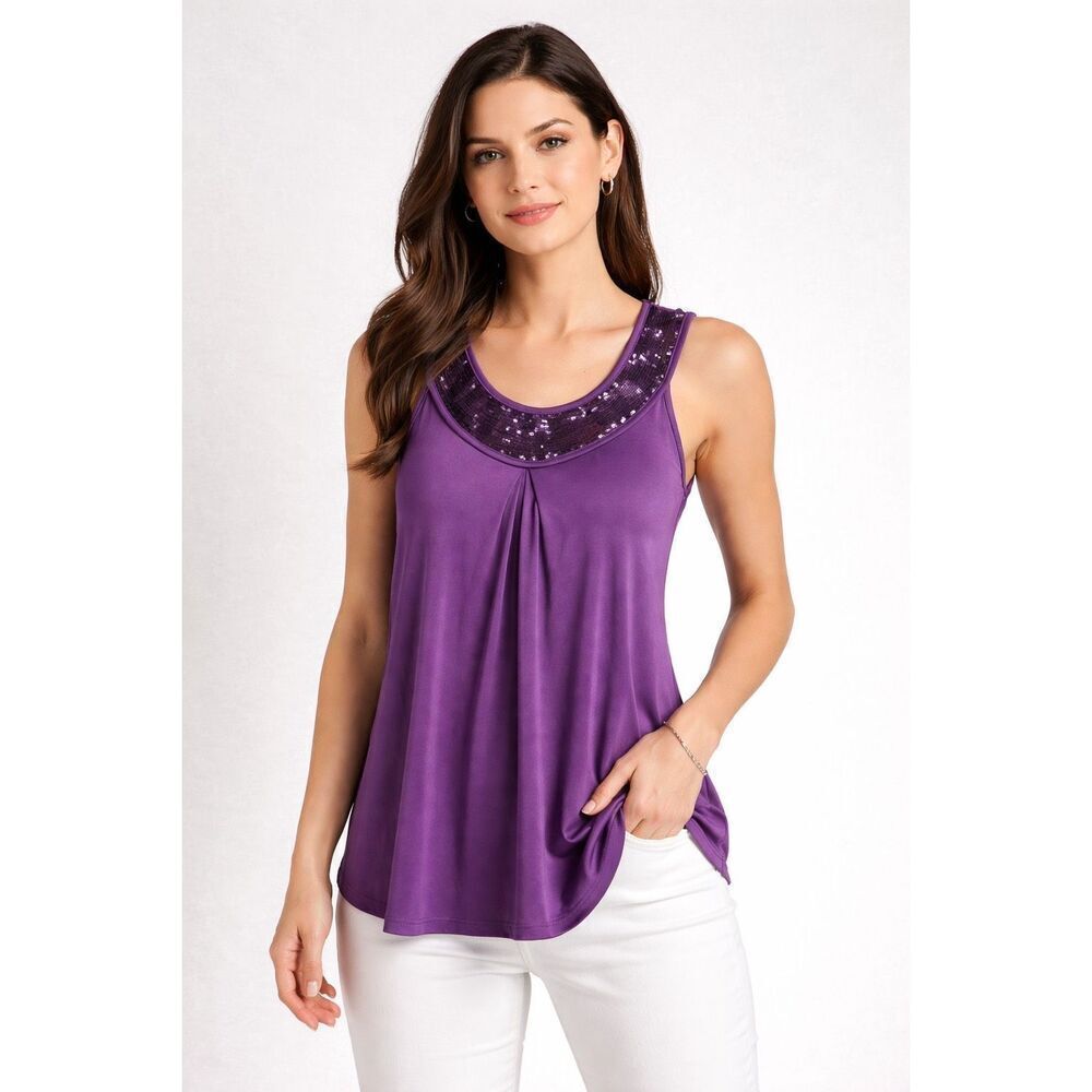 Moa Moa Women’s Medium Purple Sleeveless Sequin Scoop Neck Flowy Top